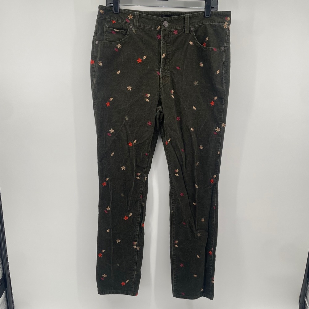 Talbots Corduroy Straight Leg Pant Womens 12 Brown Embroidered Leaf Acorn Fall